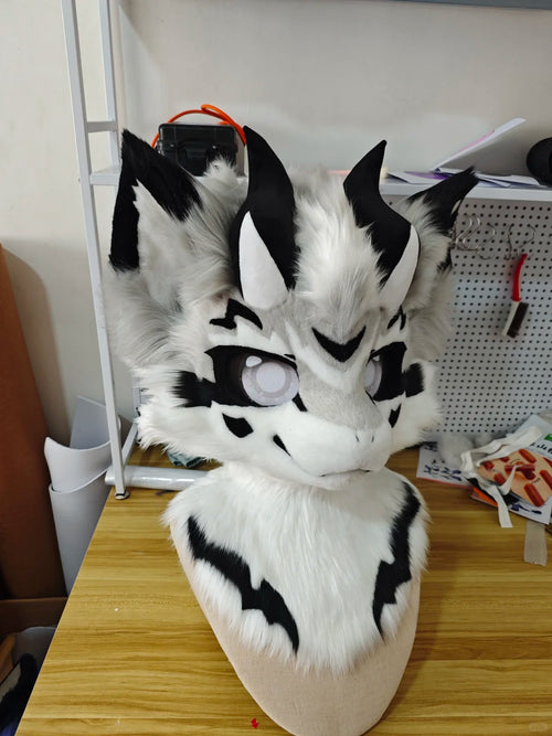 Yis cosplay Custom Black & White Horned Dragon Kemono Fursuit Head