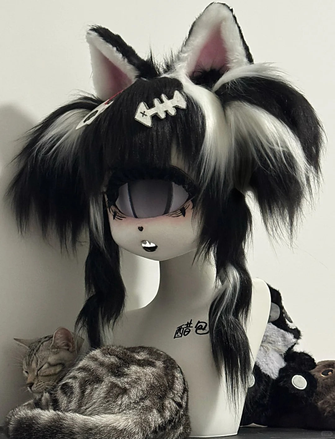 Yis Cosplay Custom Black & White Cat Kemono Fursuit Head