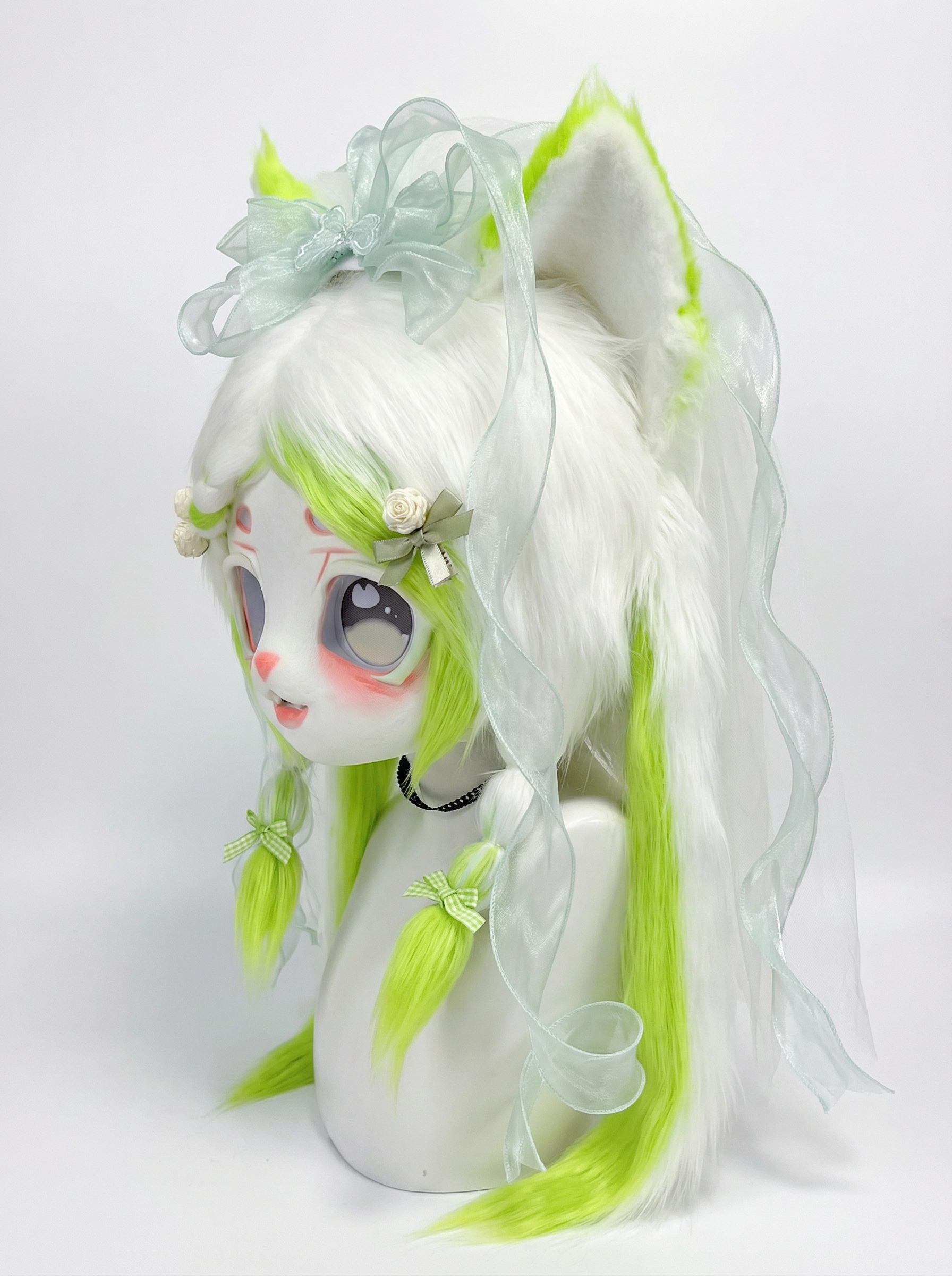 Yis Cosplay Custom White & Neon Green Cat Kigurumi Fursuit Head - Yiscosplay