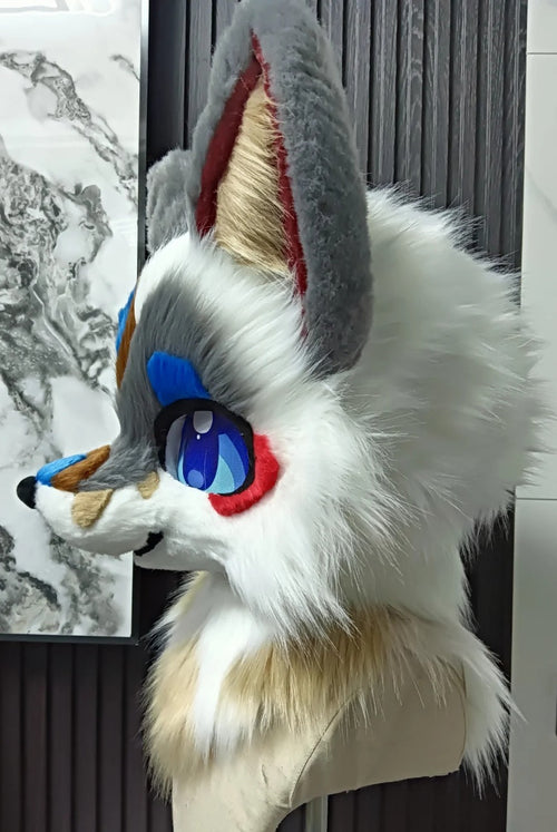 Yis cosplay Gray White Blue Fox Kemono Fursuit Head with Red Accents
