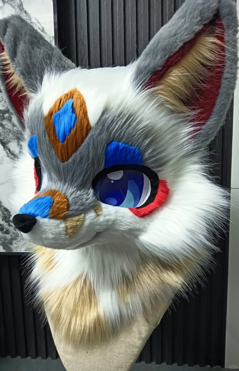 Yis cosplay Gray White Blue Fox Kemono Fursuit Head with Red Accents