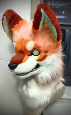 Yis cosplay Orange White Fox Kemono Fursuit Head with Mint Inner Ears