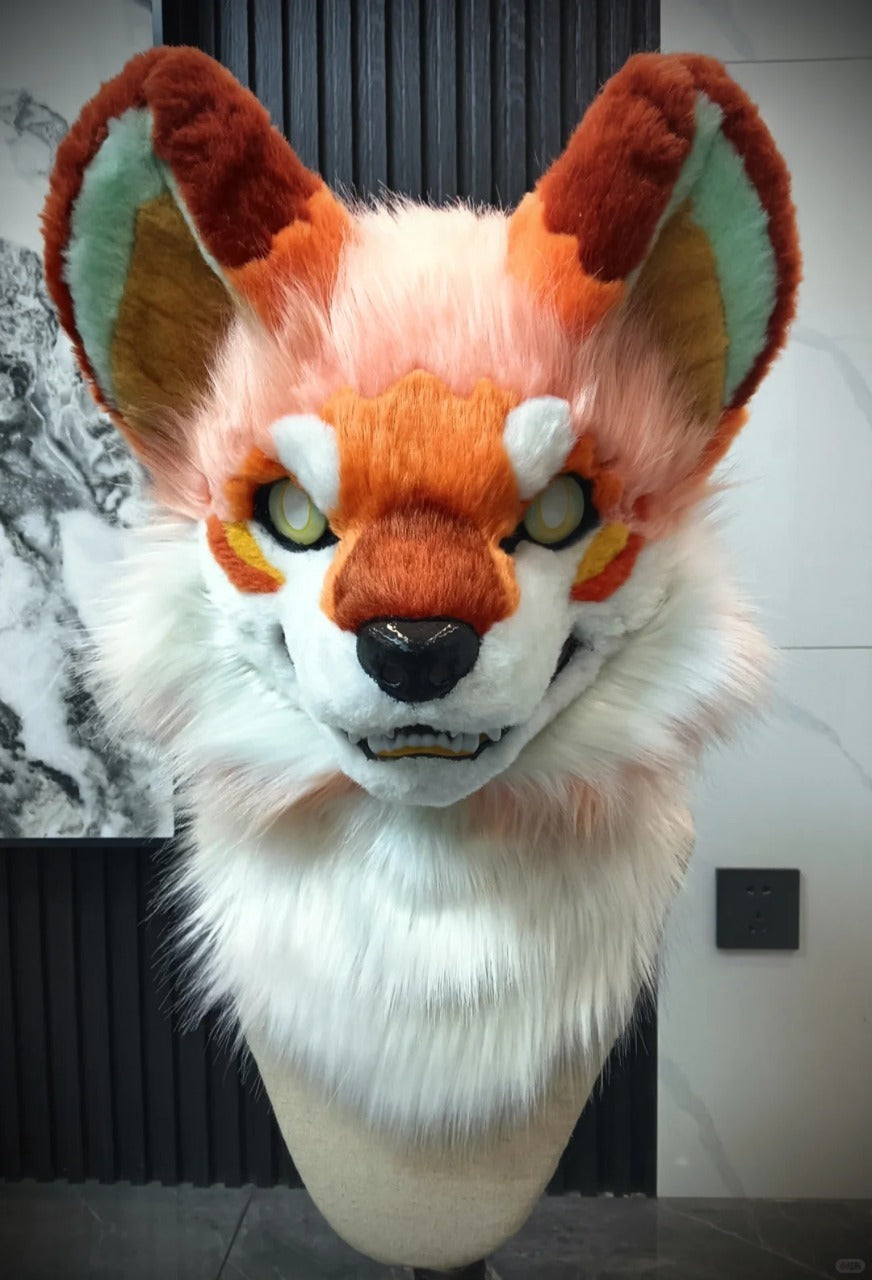 Yis cosplay Orange White Fox Kemono Fursuit Head with Mint Inner Ears