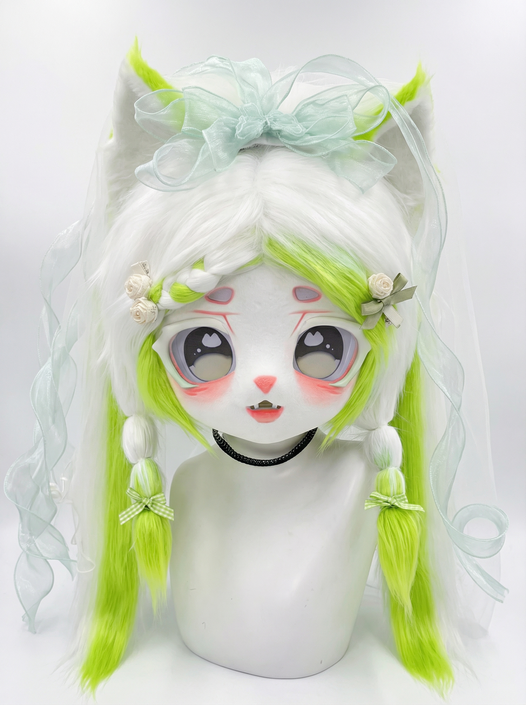 Yis Cosplay Custom White & Neon Green Cat Kigurumi Fursuit Head - Yiscosplay