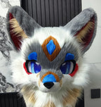 Yis cosplay Gray White Blue Fox Kemono Fursuit Head with Red Accents