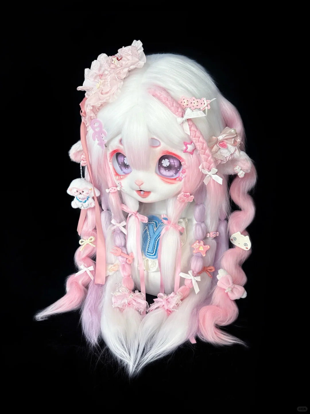 Yis cosplay Kig Pink & White Handmade Custom Fursuit Head