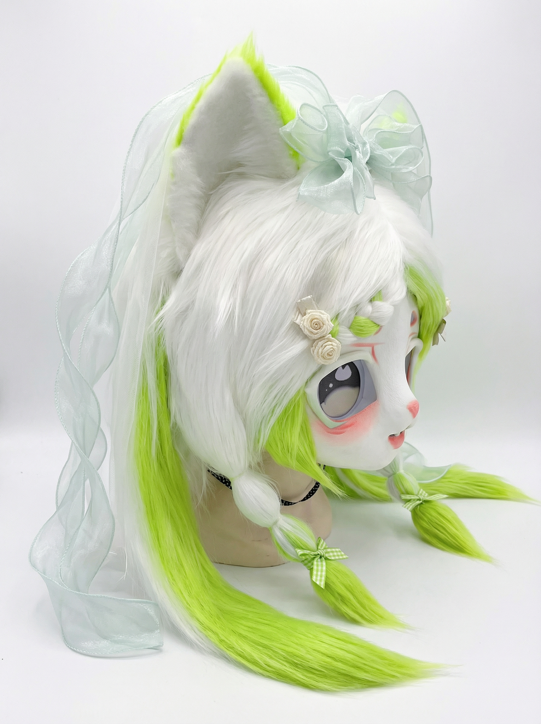 Yis Cosplay Custom White & Neon Green Cat Kigurumi Fursuit Head - Yiscosplay