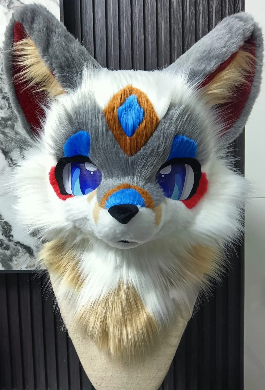 Yis cosplay Gray White Blue Fox Kemono Fursuit Head with Red Accents