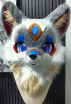 Yis cosplay Gray White Blue Fox Kemono Fursuit Head with Red Accents